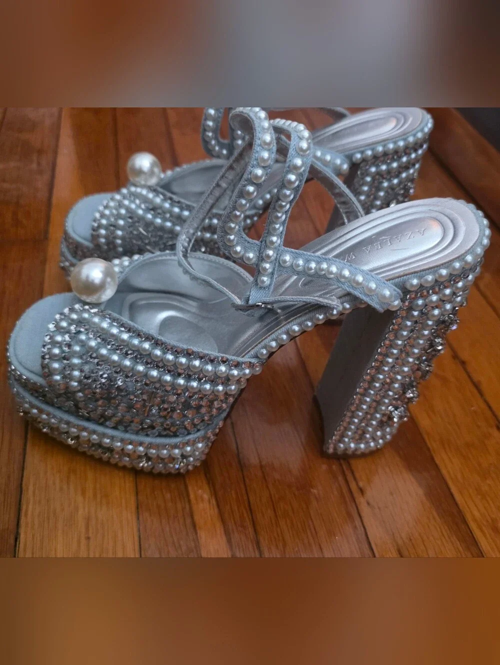 Pearl & Crystal Embellished Powder Blue Platform Heels